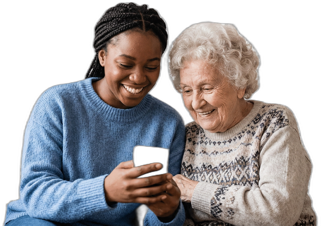 A helper and an older adult using the Orion HealthMate app at home
